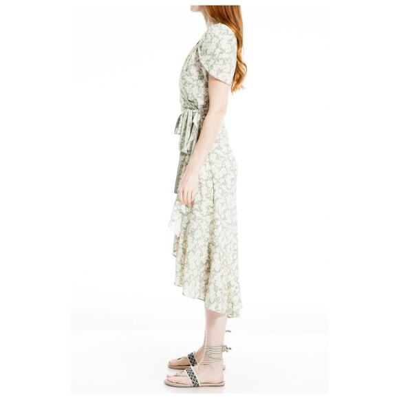 Max Studio Green Floral Ruffle Tulip Sleeve Midi Wrap Belted Dress- Med- Cottage - Picture 3 of 12